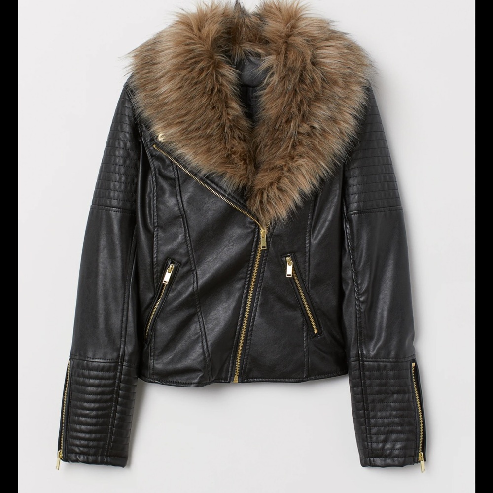 H&M Black Leather Jacket with Brown Fur Collar